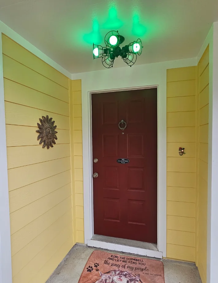 Entryway with horizontal yellow lap siding, white trim, and a dark red six-panel door with a brass knocker