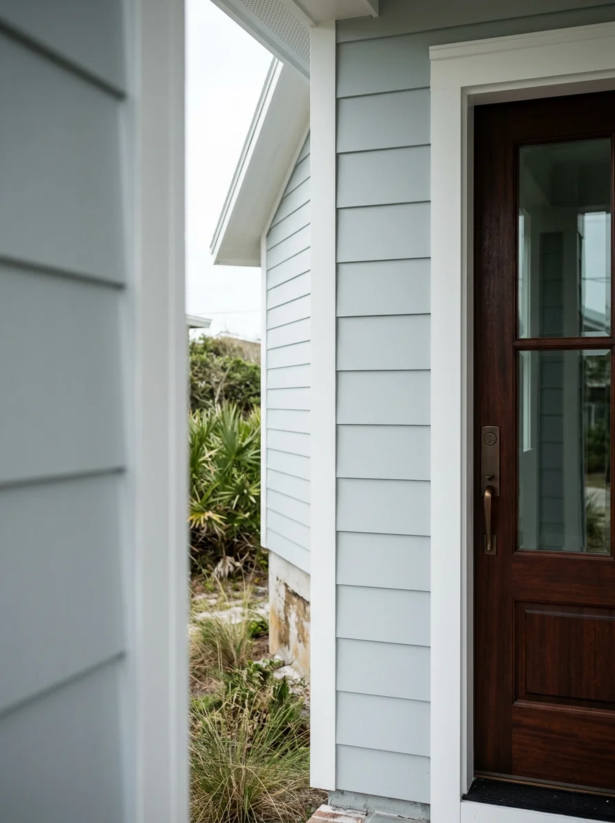 Close-up portrait view of new fiber cement lap siding and a replaced entry door on an Atlantic Beach bungalow, showing clean trim lines and a fresh exterior finish.