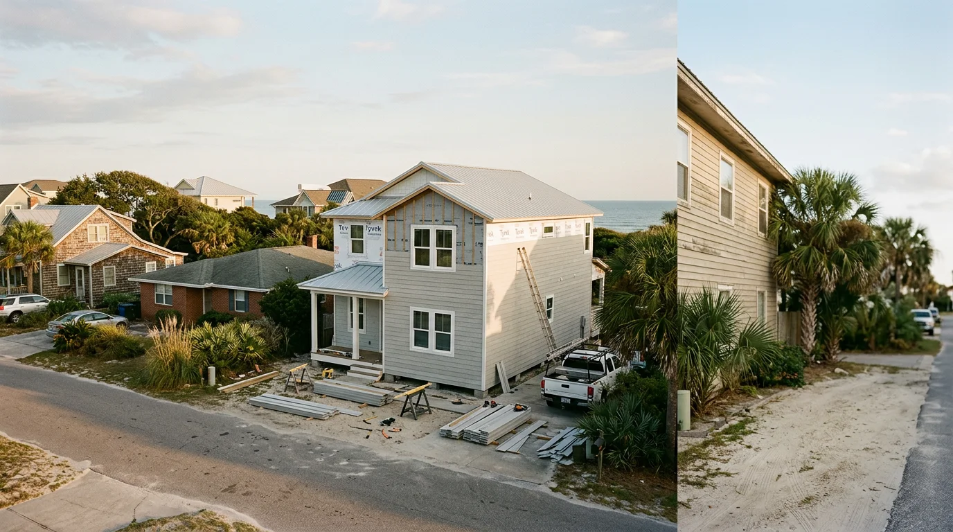 Fiber cement siding installation on a single-family home in Atlantic Beach, Florida, with the Atlantic Ocean visible in the background and a coastal streetscape of mixed-era homes along the block.