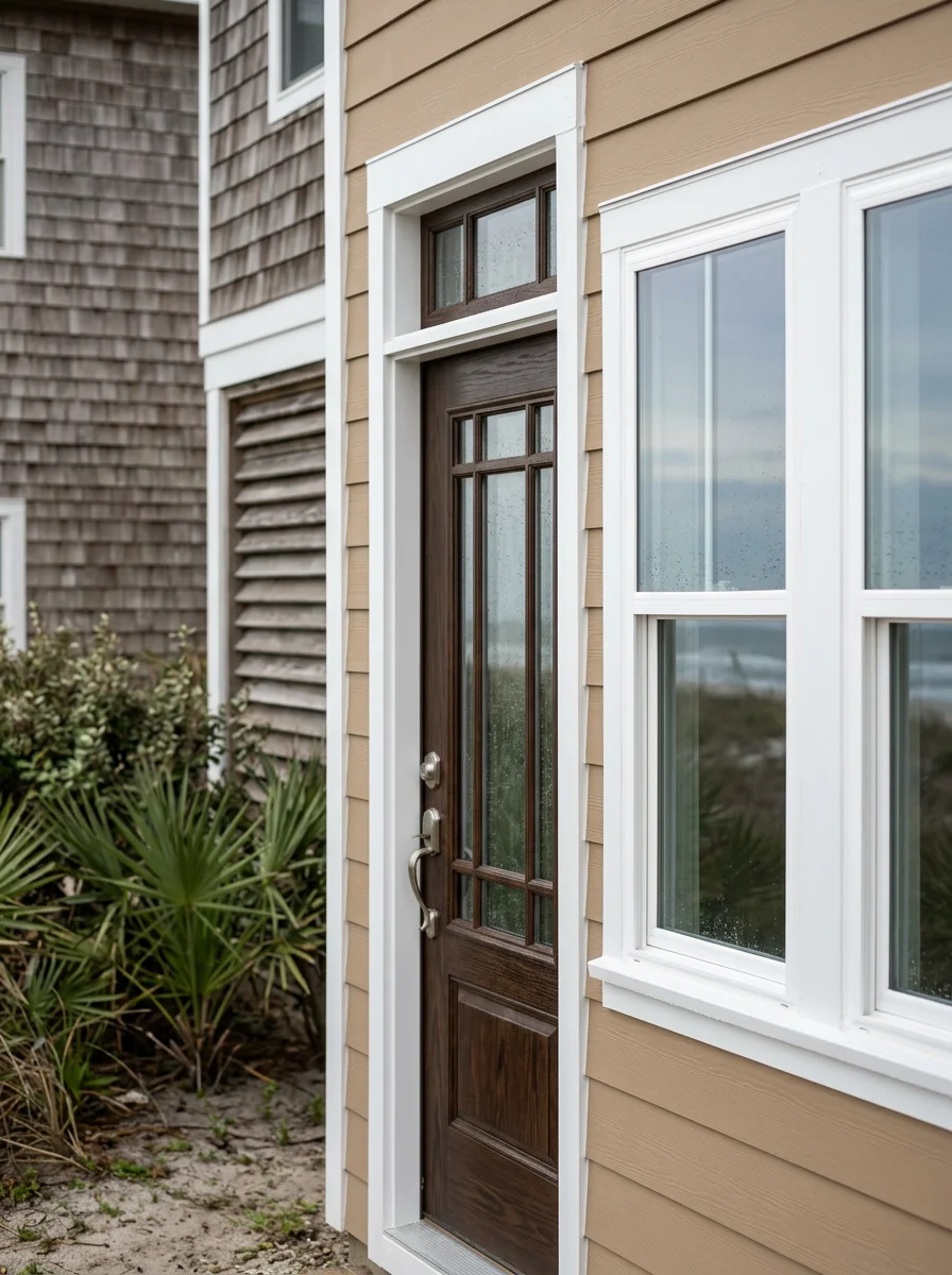 Portrait view of new windows and a replaced entry door on a Jacksonville Beach, Florida home, showing clean installation detail and fresh exterior trim on a coastal property east of A1A.