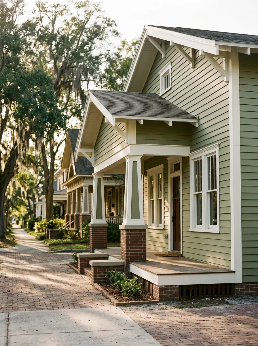 Portrait view of a completed wood siding and trim installation on a craftsman bungalow in Jacksonville's Riverside neighborhood, showing detailed corner boards and a freshly painted exterior.