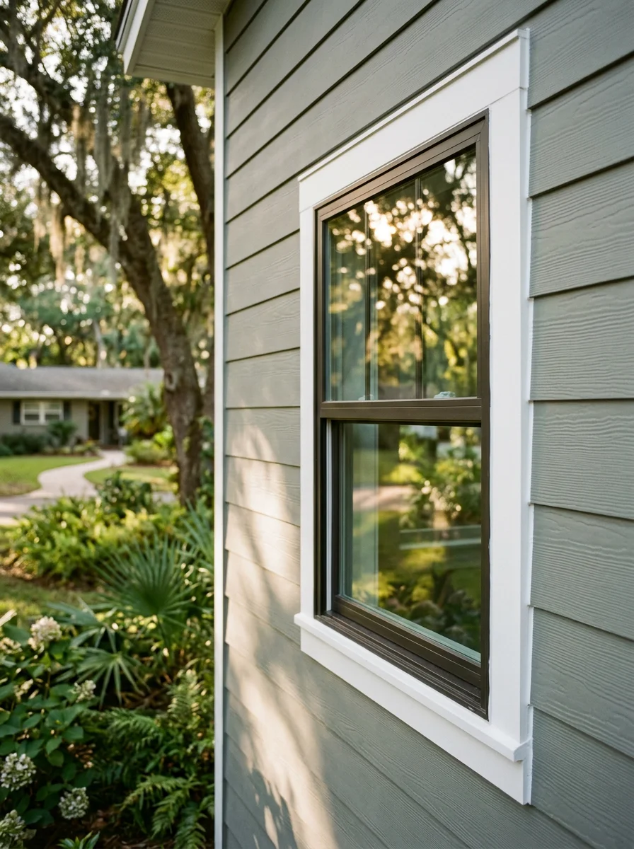 Portrait view of a replaced window and new fiber cement trim detail on a Mandarin-area home in Jacksonville, Florida, showing clean installation on a mid-century single-family property with a large yard.