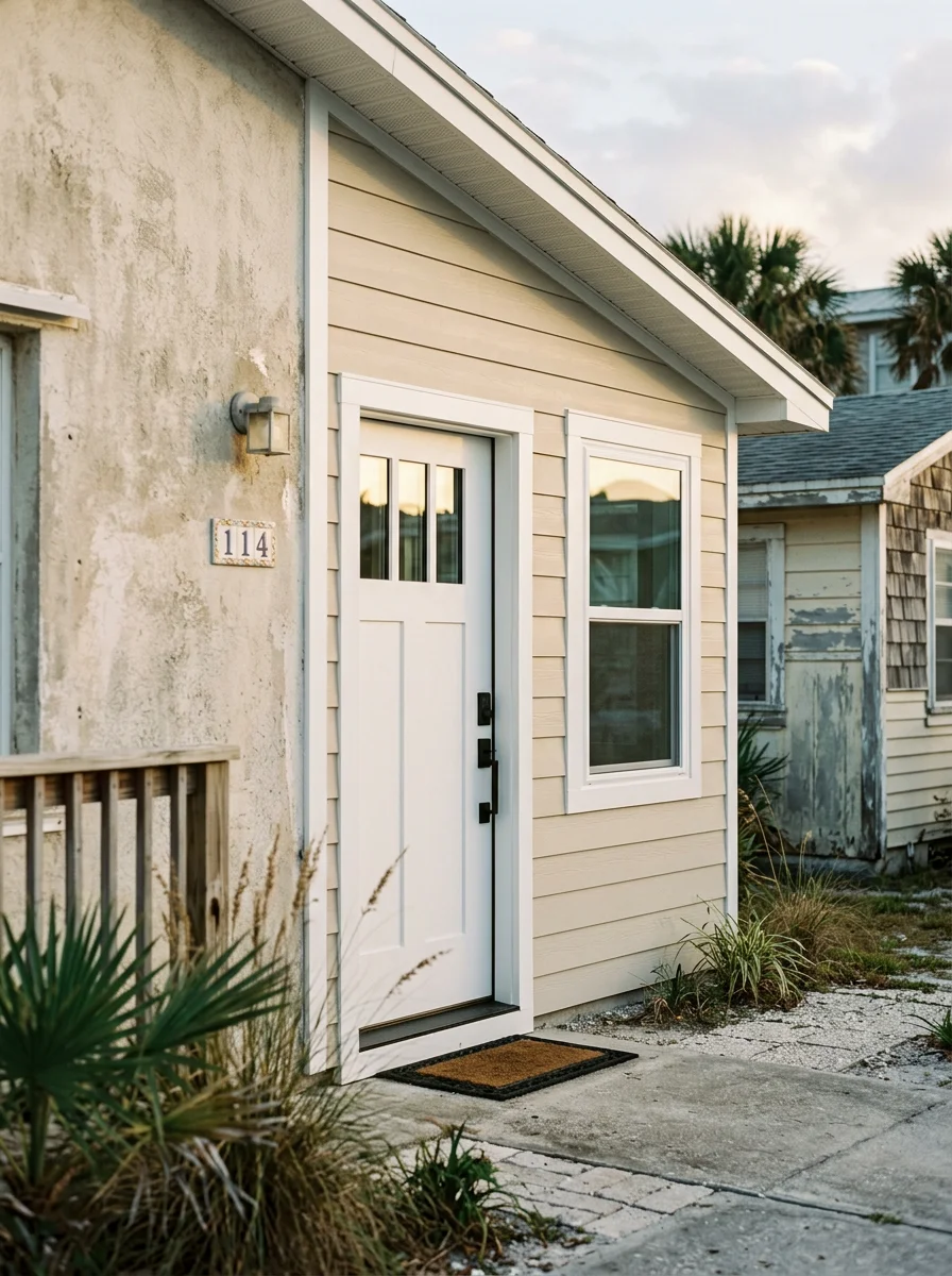 Portrait view of a replaced entry door and new window installation on a Neptune Beach, Florida home, showing clean trim detail and a fresh exterior finish on a compact coastal property.