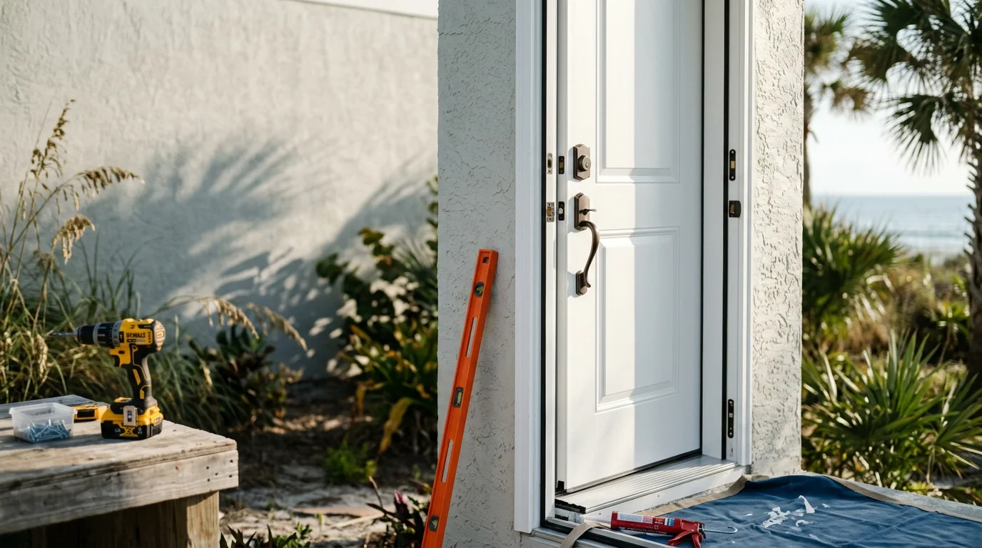 A newly installed exterior entry door on a single-story coastal home in Atlantic Beach, FL, with a clean frame, tight threshold seal, and finished trim visible against a bright Florida exterior.