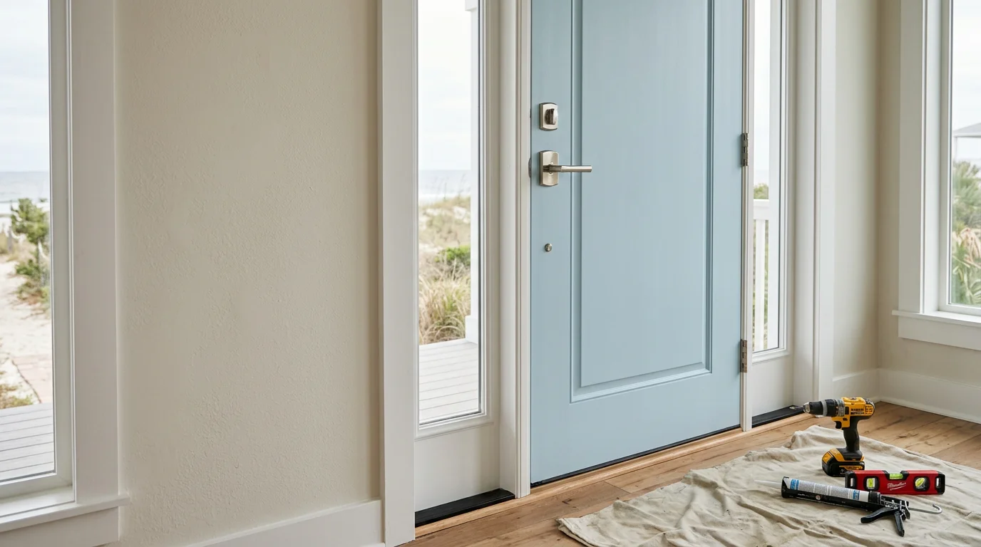 A newly installed exterior entry door on a coastal home in Atlantic Beach, FL, showing a clean frame, tight weatherstripping, and fresh exterior trim. The surrounding siding and threshold are finished and ready for Florida's salt air and humidity.