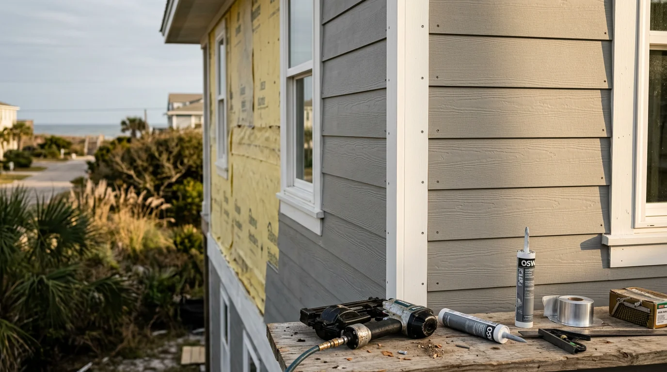Freshly installed fiber cement siding panels on a single-family home in Atlantic Beach, FL, showing clean horizontal lines and tight trim detail along the window edges. The exterior reflects a coastal residential style typical of the Beaches area near Jacksonville.