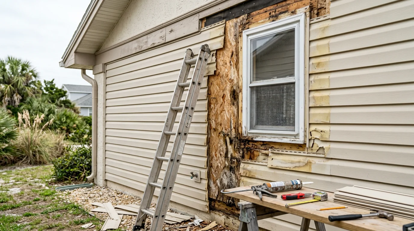 Close-up of a repaired exterior siding section on a coastal home in Atlantic Beach, FL, showing matched panels with no visible gaps or damage. The surrounding siding shows typical wear from salt air and humidity common to Northeast Florida beachside properties.