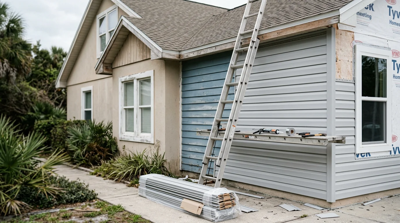 Freshly replaced exterior siding on a single-family home in Atlantic Beach, FL, showing clean panel lines and a finished coastal streetfront appearance. New siding covers the full front elevation of the house with no visible gaps or damage.