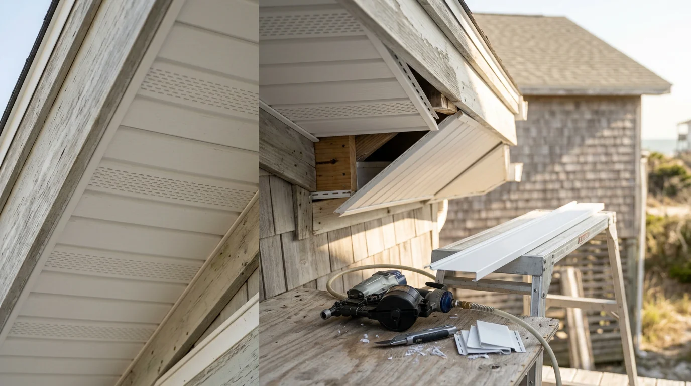 Freshly installed soffit panels along the roofline of a residential home in Atlantic Beach, FL, showing clean eave coverage and a finished exterior edge. View from ground level looking up at the underside of the roof overhang against a coastal Florida sky.