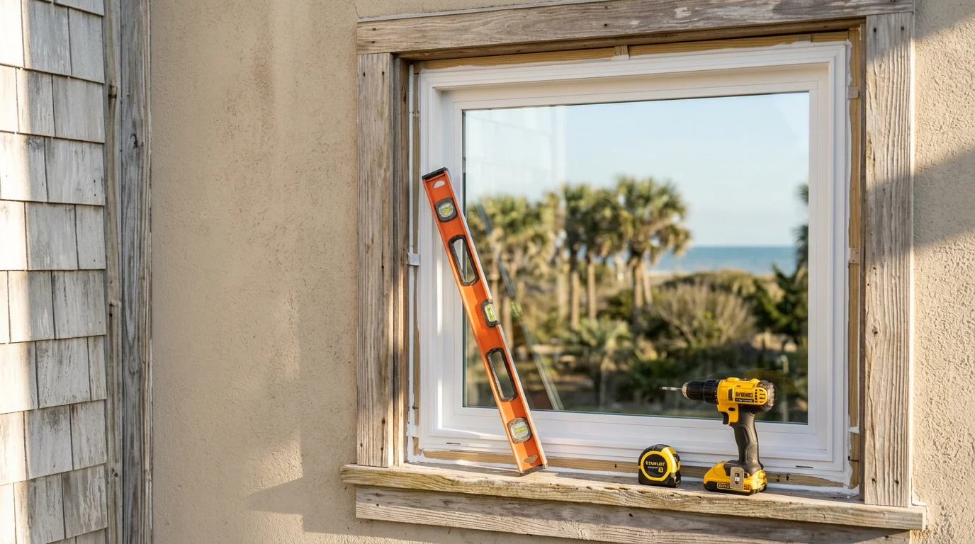 Freshly installed vinyl windows on a single-family home in Atlantic Beach, FL, showing clean frames and tight trim detail. The exterior reflects a coastal residential style typical of the Beaches area near Jacksonville.