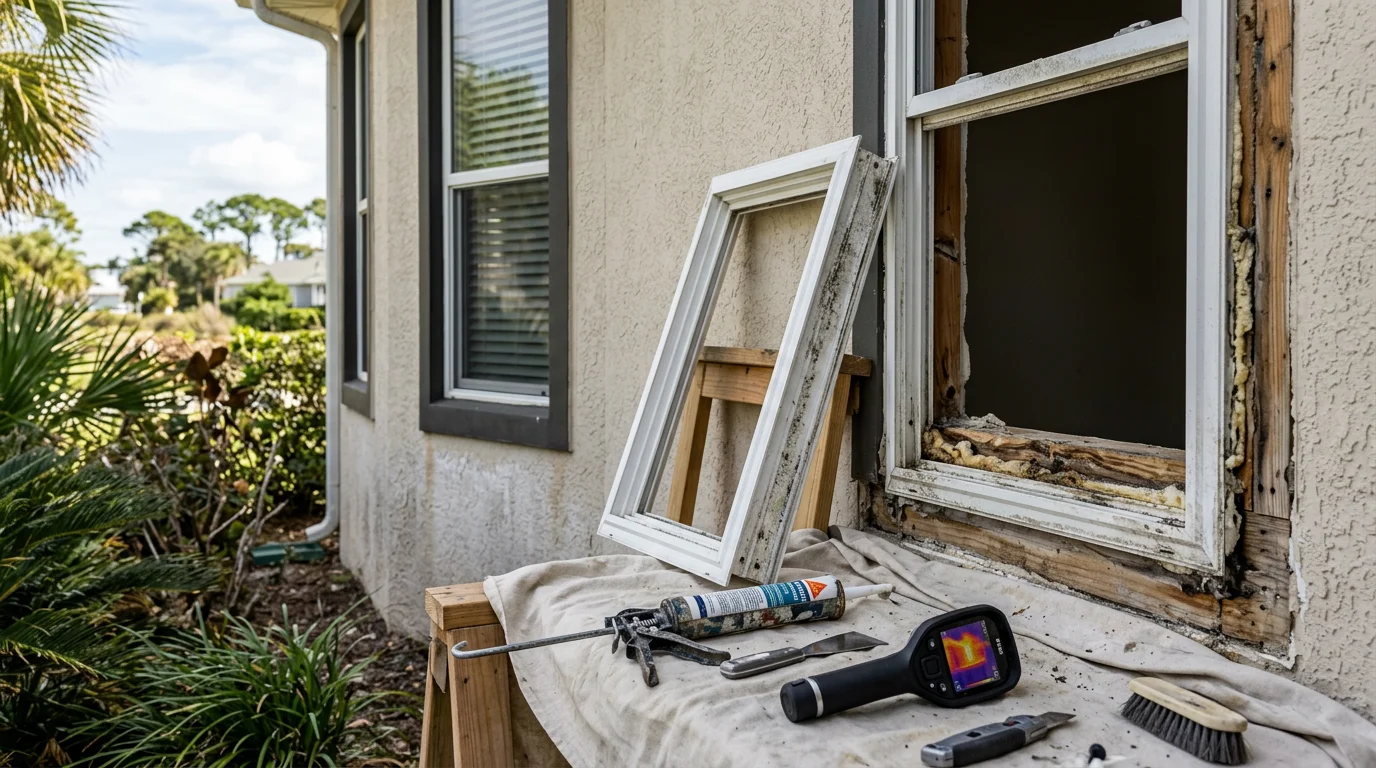 Vinyl window repair being performed on a residential home in Atlantic Beach, FL, with a technician resealing and adjusting the frame for proper function.