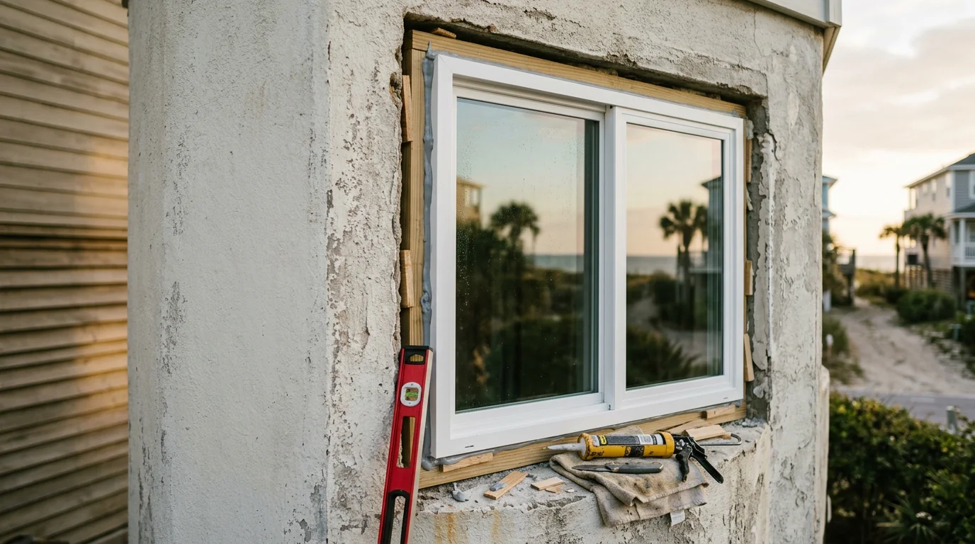 New vinyl window replacement installed on a residential home in Atlantic Beach, FL, with clean frames and finished trim detail visible on the exterior.