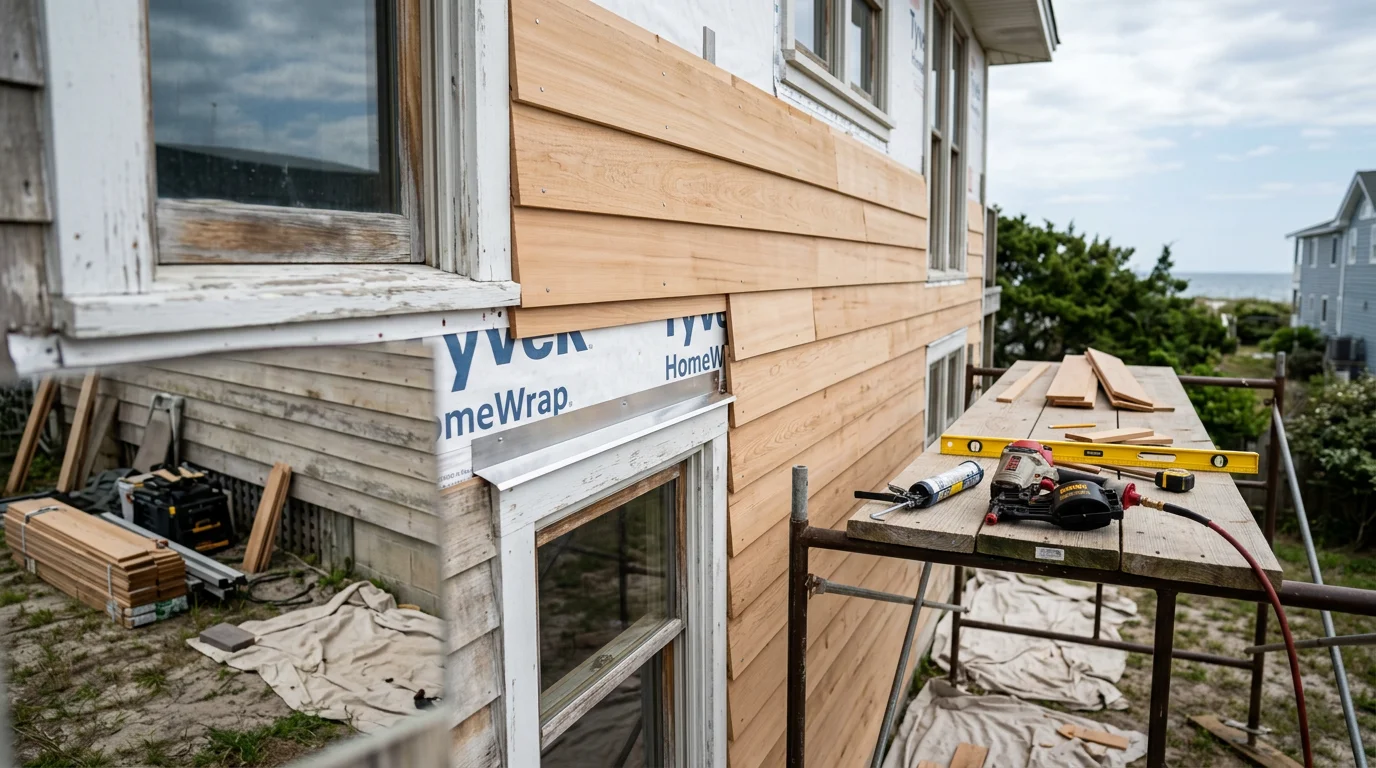 Freshly installed natural wood siding on a residential home exterior in Atlantic Beach, FL. The panels are cleanly fitted with finished trim details visible along the corners and window edges.
